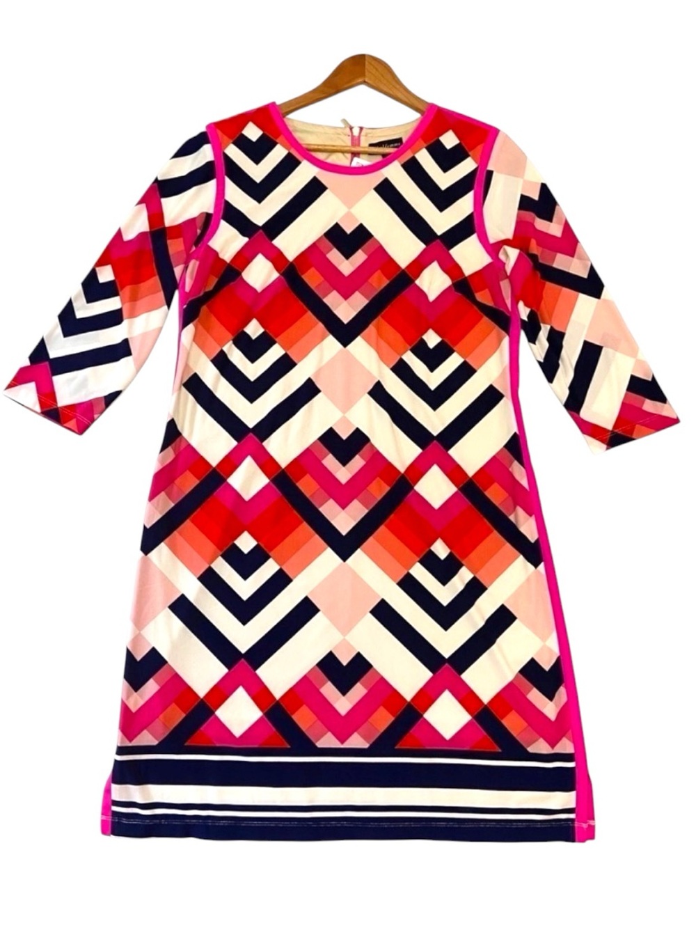 Tribal Femme Geometric Print Shift Dress Pink Black White 3/4 Sleeve  Large NWT